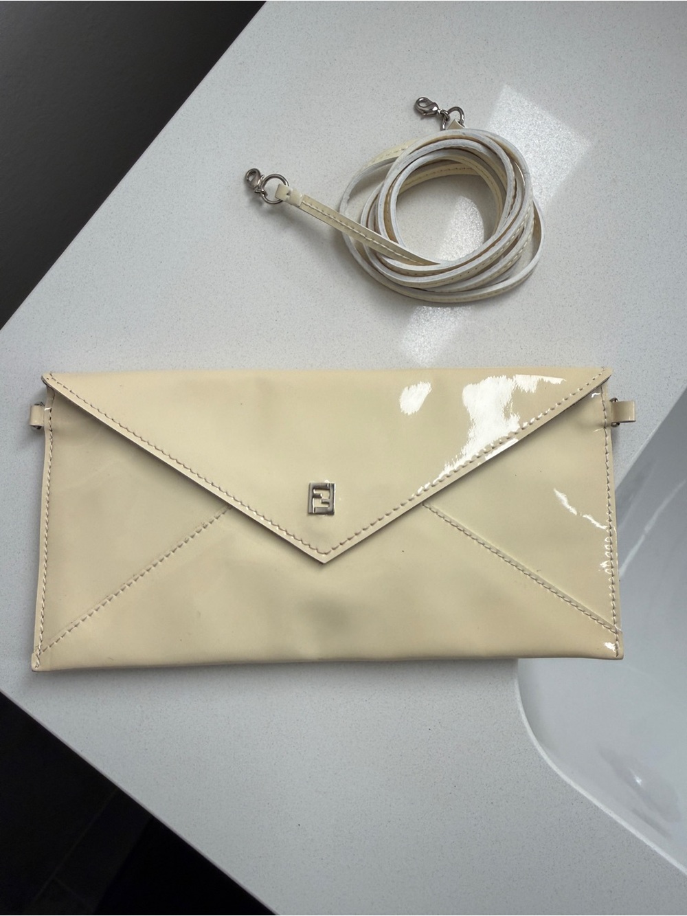 FENDI cream patent envelope crossbody - 7.5”x4”